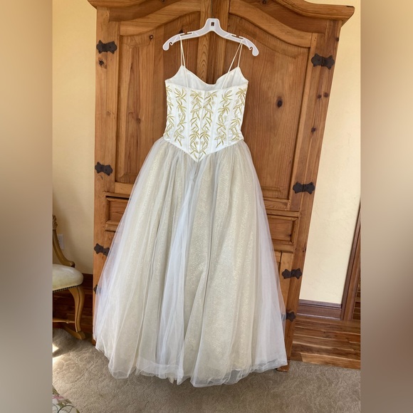Tiffany Designs White and Gold Prom Dress with Embroidered Bodice - Picture 2 of 6